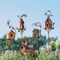 Metal Art Birdhouse on Garden Stake - FeatherNest-House with fireplace and window-State of Style