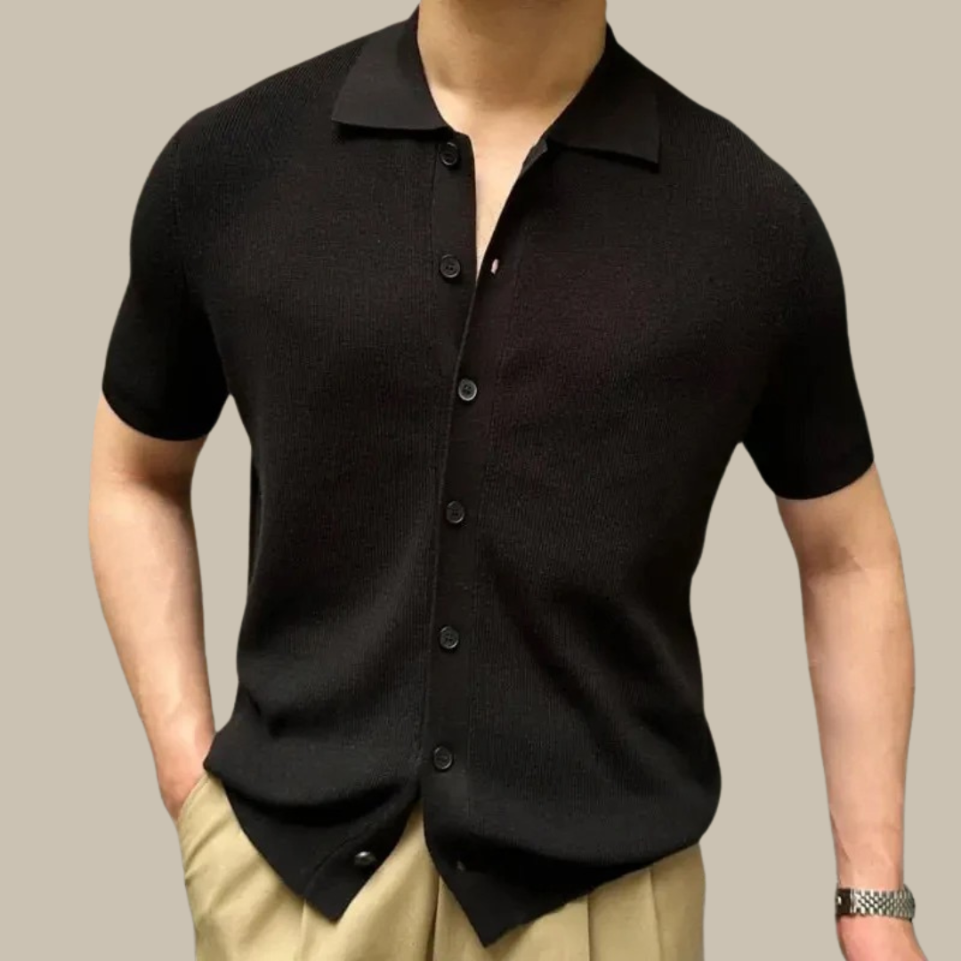 Mikko Knit Shirt | Short-Sleeve Collared Shirt-Black-M-State of Style