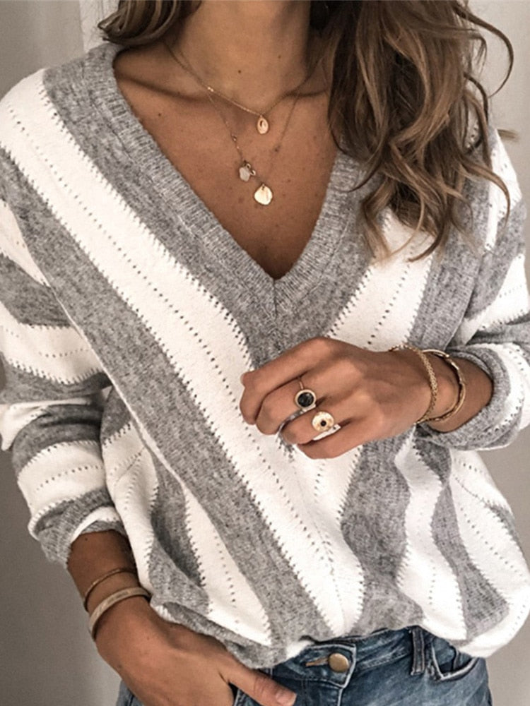 MillysTrui | Women's Stylish Striped Knit Sweater-Grey-S-State of Style