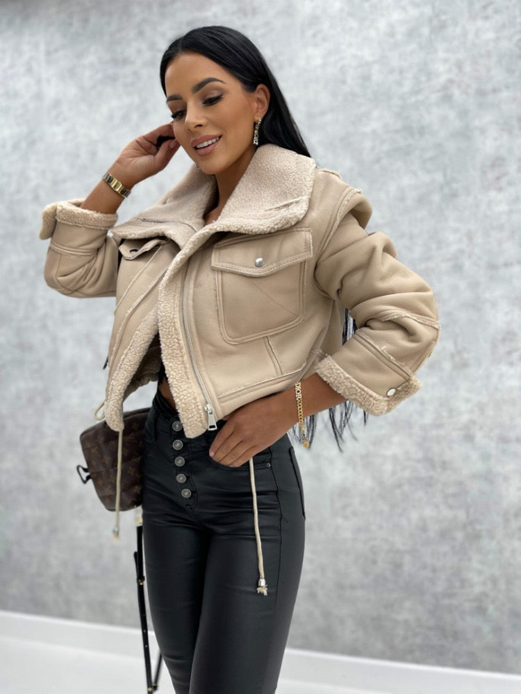 Motor Jacket with Lapel Collar and Sherpa Lining – Zoë-Beige-S-State of Style