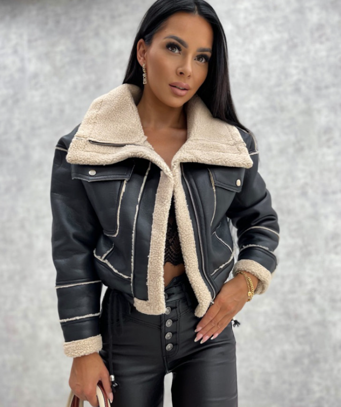 Motor Jacket with Lapel Collar and Sherpa Lining – Zoë-Black-S-State of Style