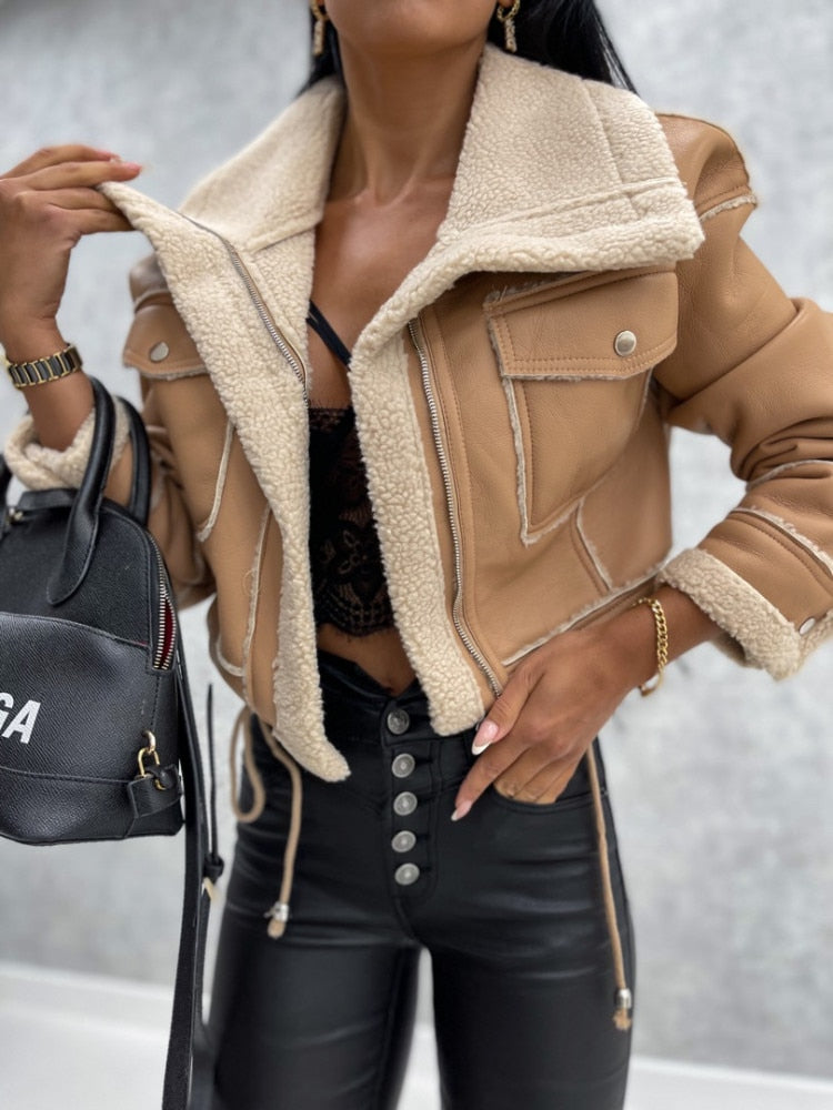 Motor Jacket with Lapel Collar and Sherpa Lining – Zoë-Black-S-State of Style