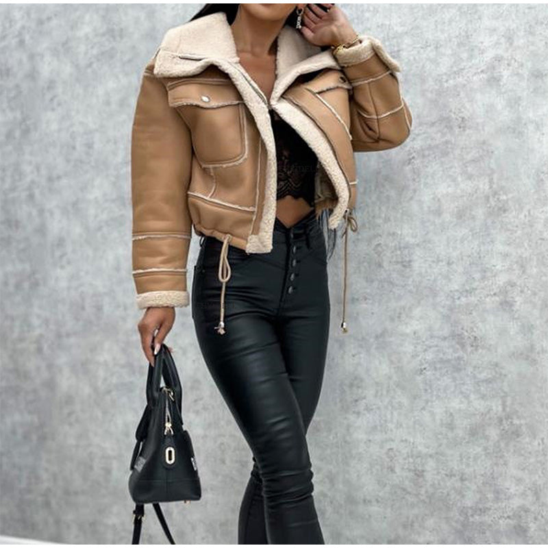 Motor Jacket with Lapel Collar and Sherpa Lining – Zoë-Light Brown-S-State of Style