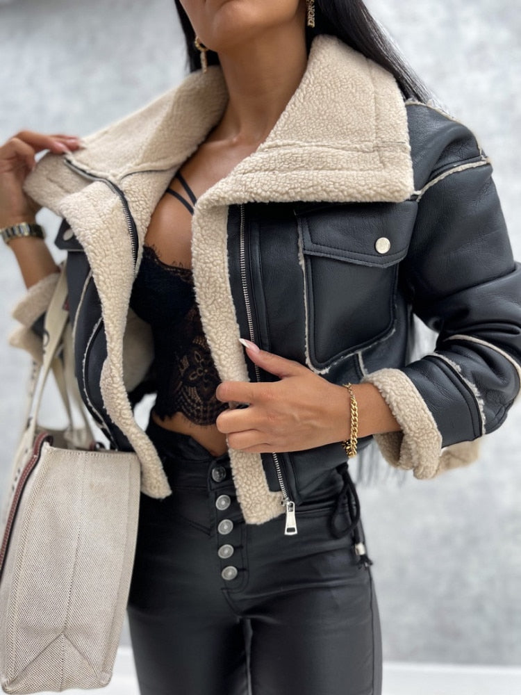 Motor jacket with Revers and Sherpa Lining - Zoë-Black-S-State of Style