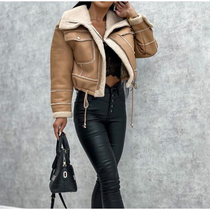 Motor jacket with Revers and Sherpa Lining - Zoë-Light Brown-S-State of Style
