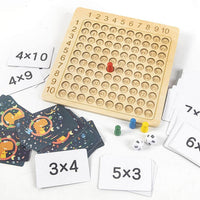 Learning game: wooden board for the 1–10 times tables with cards and dice