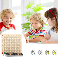 Learning game: wooden board for the 1–10 times tables with cards and dice