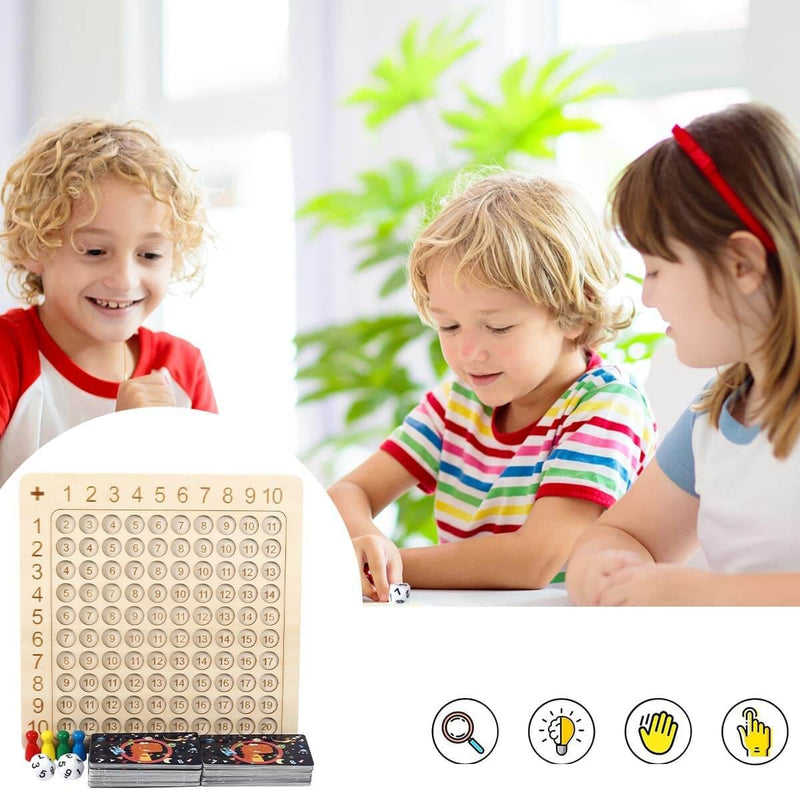 Learning game: wooden board for the 1–10 times tables with cards and dice