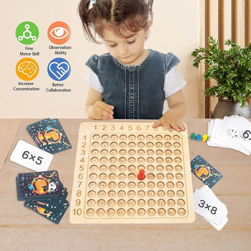 Learning game: wooden board for the 1–10 times tables with cards and dice