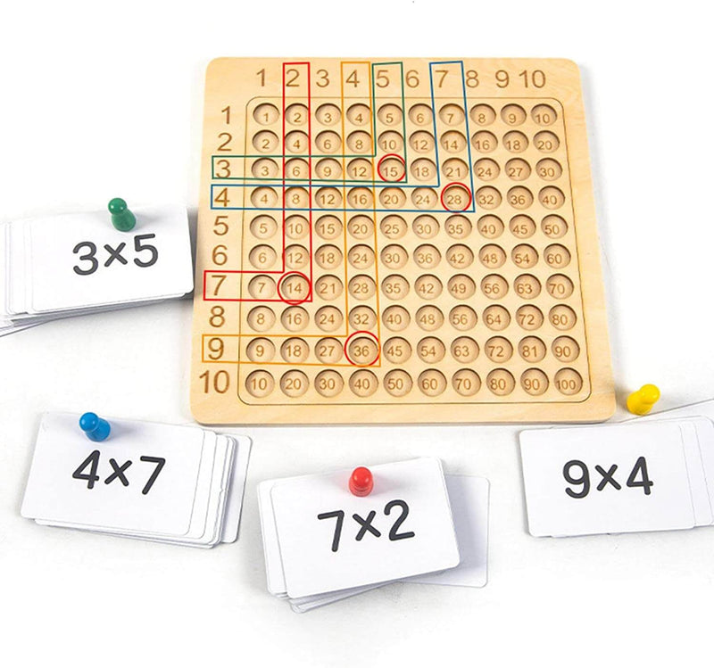 Learning game: wooden board for the 1–10 times tables with cards and dice