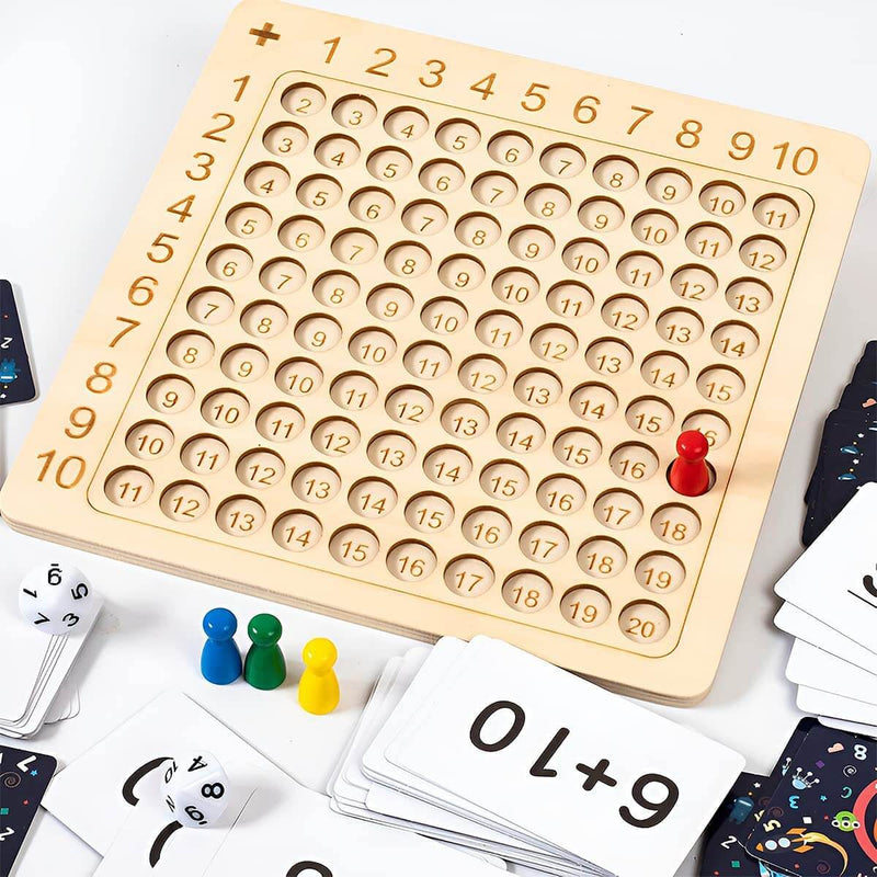 Learning game: wooden board for the 1–10 times tables with cards and dice