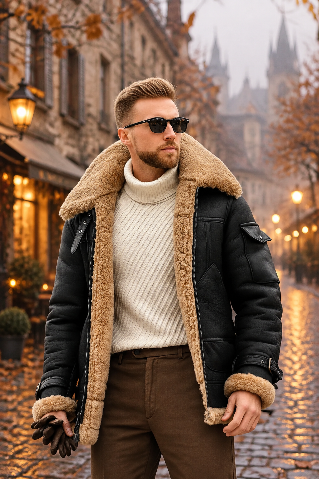Man in black shearling-lined jacket and cream polo neck on an autumn cobbled street at dusk 1