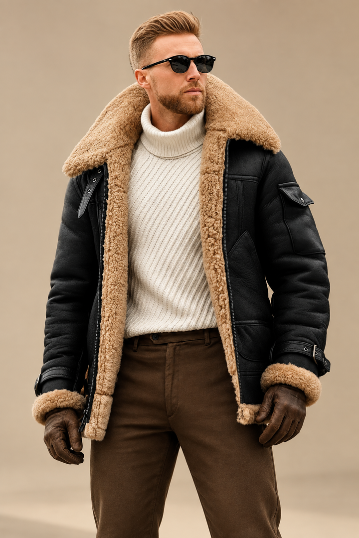 Man in black sheepskin jacket with large shearling collar, cream polo-neck and brown gloves against a sandy backdrop 1