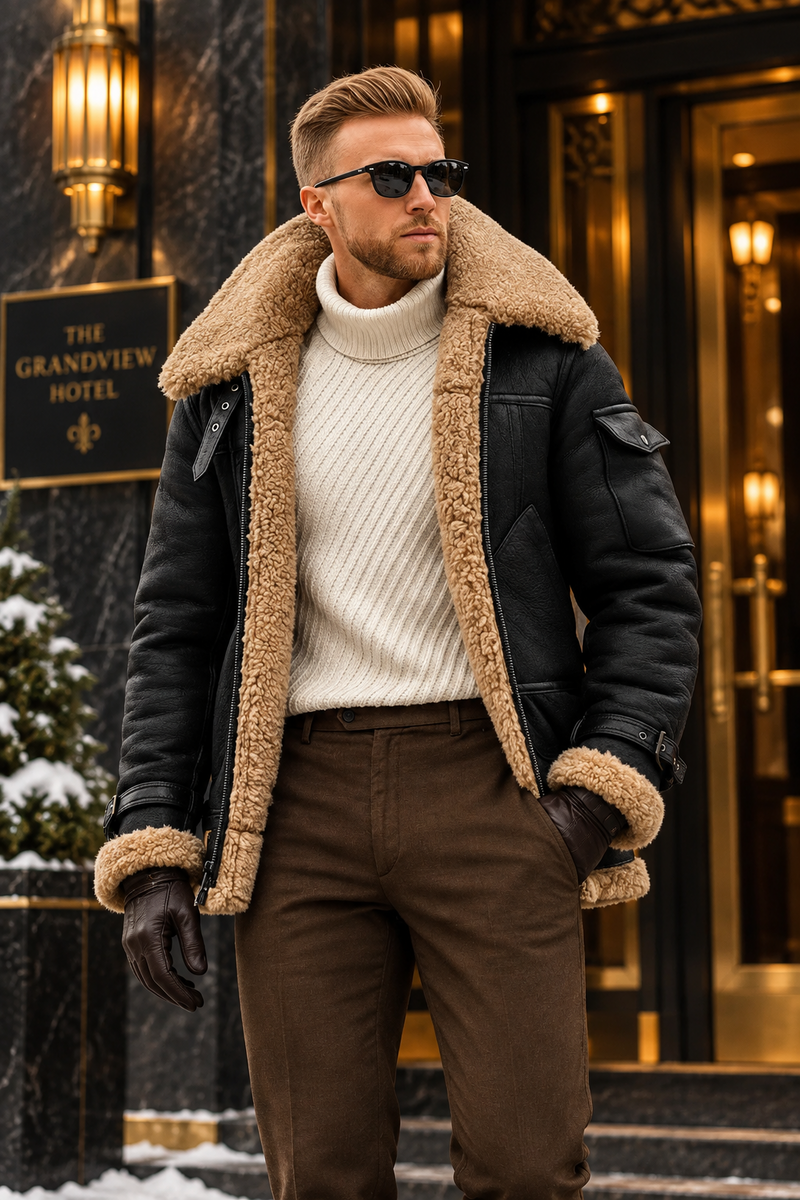 Model in black shearling jacket with cream roll-neck and brown gloves, standing outside a grand hotel entrance 1