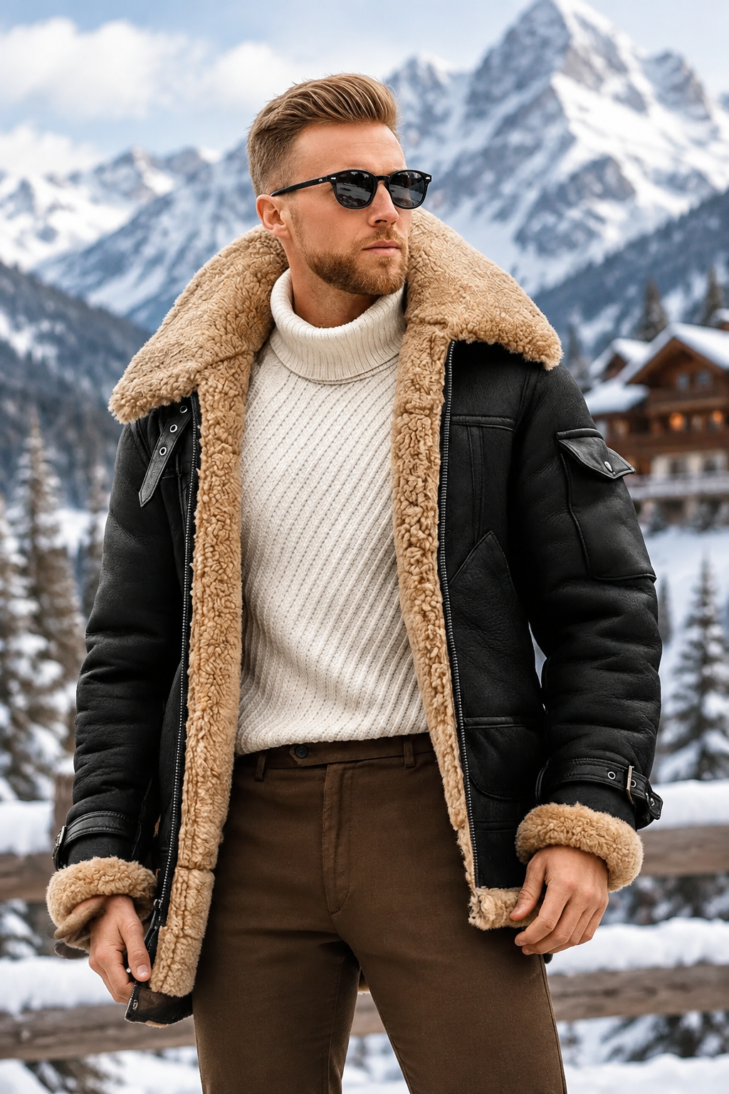 Man in black shearling jacket over cream roll-neck, standing before snowy mountains and a timber chalet 1