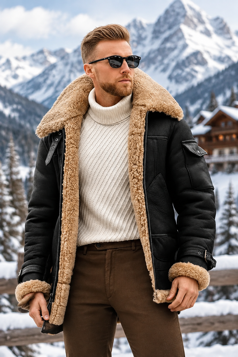 Man in black shearling jacket over cream roll-neck, standing before snowy mountains and a timber chalet 1