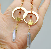 Natural Crystal Moon & Star Earrings - Elara-Clear Quartz & Gold Moon-State of Style