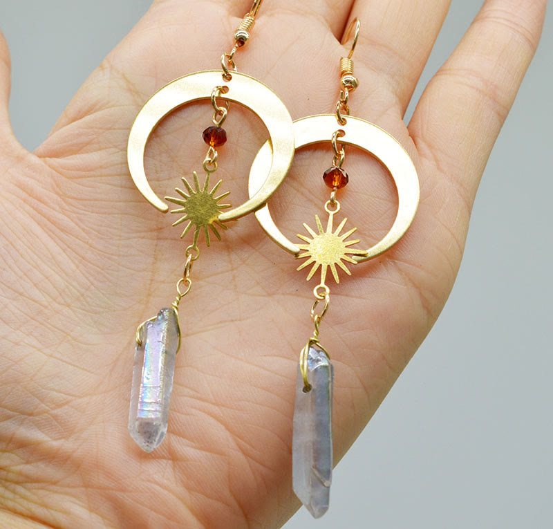 Natural Crystal Moon & Star Earrings - Elara-Clear Quartz & Gold Moon-State of Style