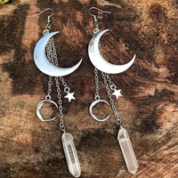 Natural Crystal Moon & Star Earrings - Elara-Clear Quartz & Silver Moon-State of Style