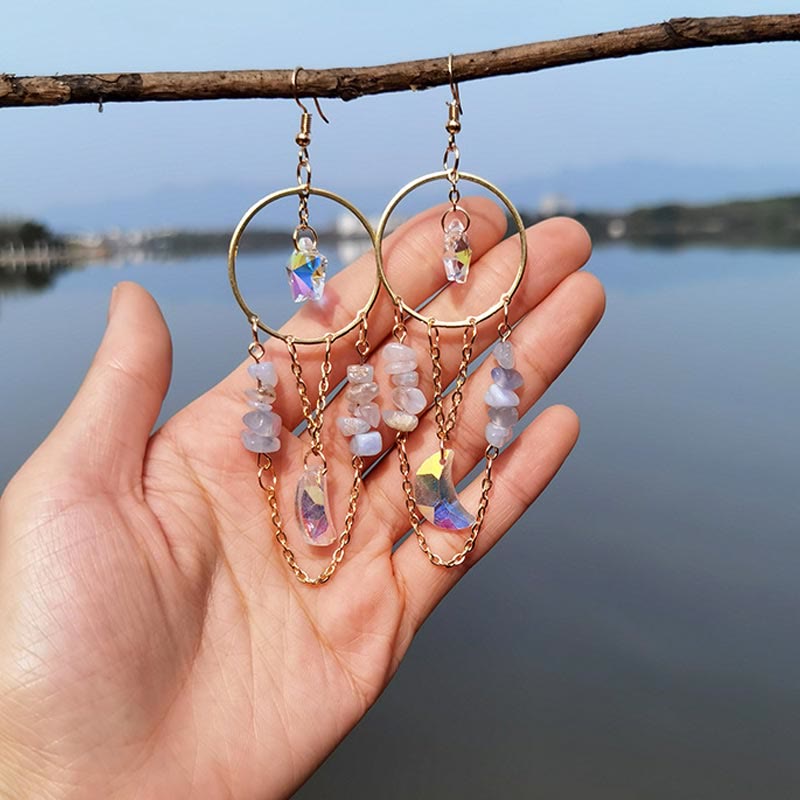 Natural Crystal Moon & Star Earrings - Elara-Purple Agate & Angel Aura Quartz-State of Style