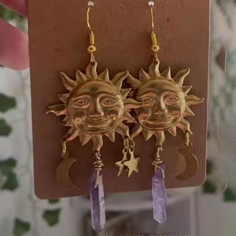 Natural Crystal Moon Stars Earrings - Elara-Amethyst-State of Style