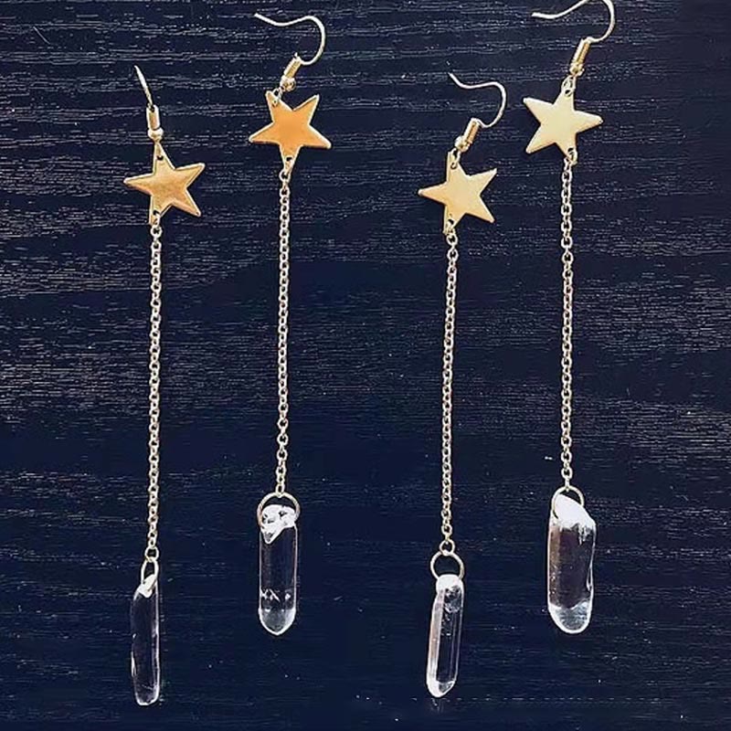 Natural Crystal Moon Stars Earrings - Elara-Clear Quartz and Star-State of Style