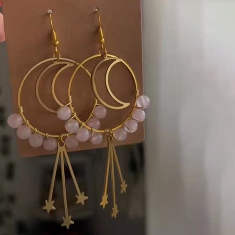 Natural Crystal Moon Stars Earrings - Elara-Rose quartz-State of Style