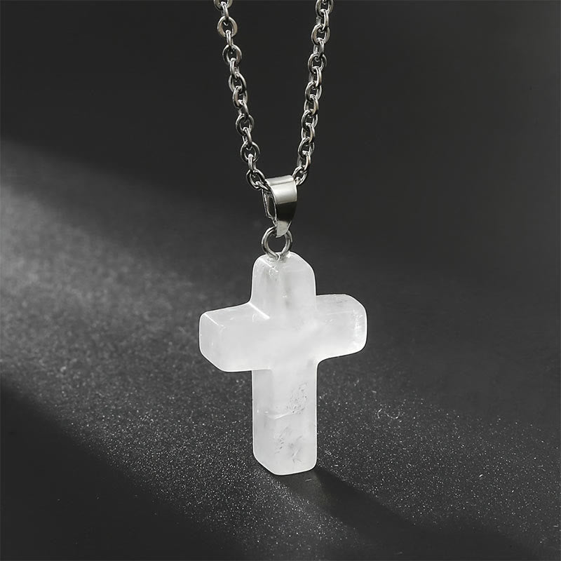 Natural Gemstone Cross Necklace - Seraphina-Clear Crystal-State of Style