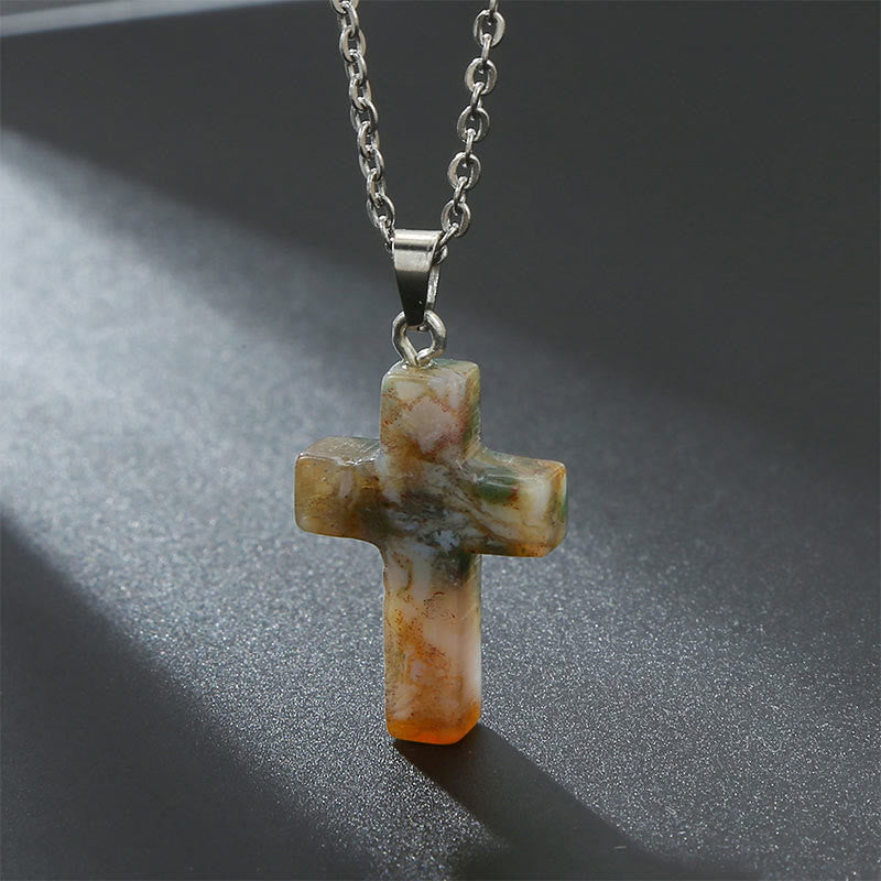 Natural Gemstone Cross Necklace - Seraphina-Indian Agate-State of Style