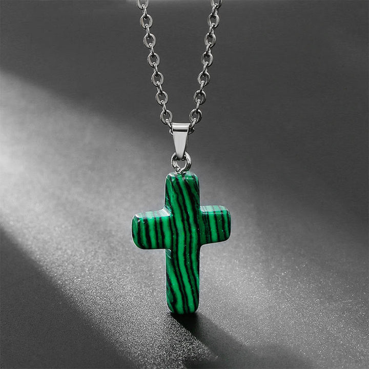 Natural Gemstone Cross Necklace - Seraphina-Malachite-State of Style