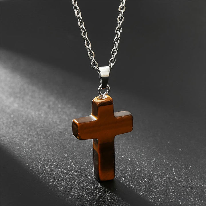 Natural Gemstone Cross Necklace - Seraphina-Tiger’s Eye-State of Style