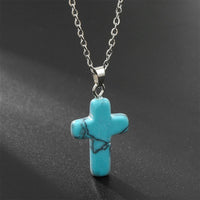 Natural Gemstone Cross Necklace - Seraphina-Turquoise-State of Style