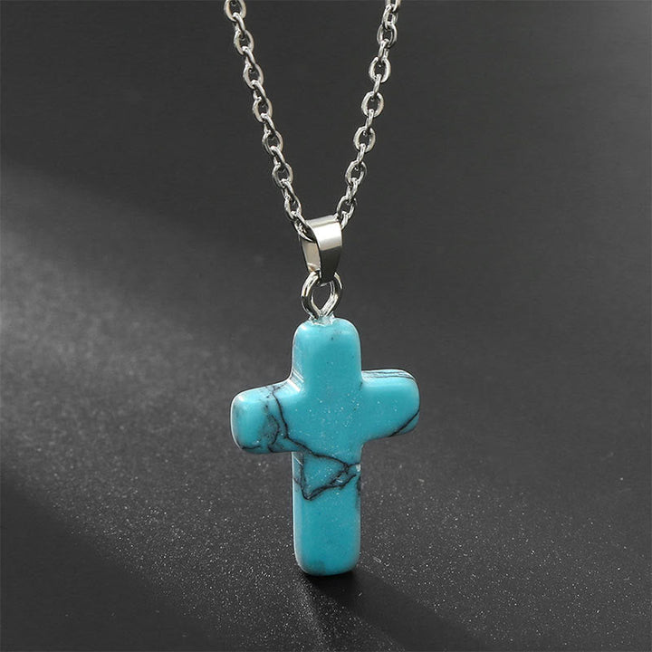 Natural Gemstone Cross Necklace - Seraphina-Turquoise-State of Style