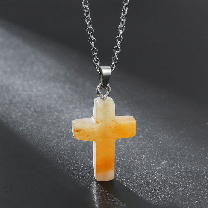 Natural Gemstone Cross Necklace - Seraphina-Yellow Aventurine-State of Style