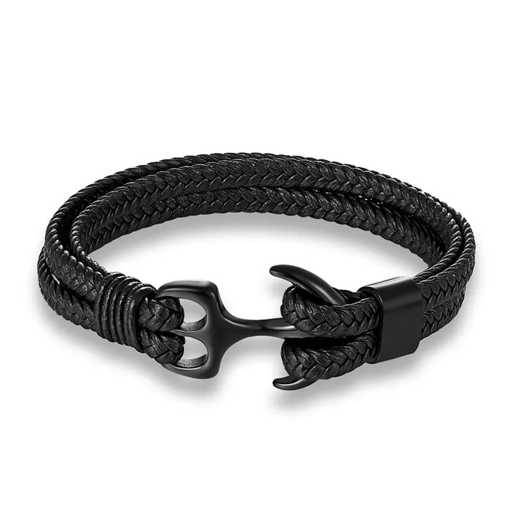 Nautical Anchor Leather Bracelet | Stylish Men's Jewellery-Black-BLACK-19CM-State of Style