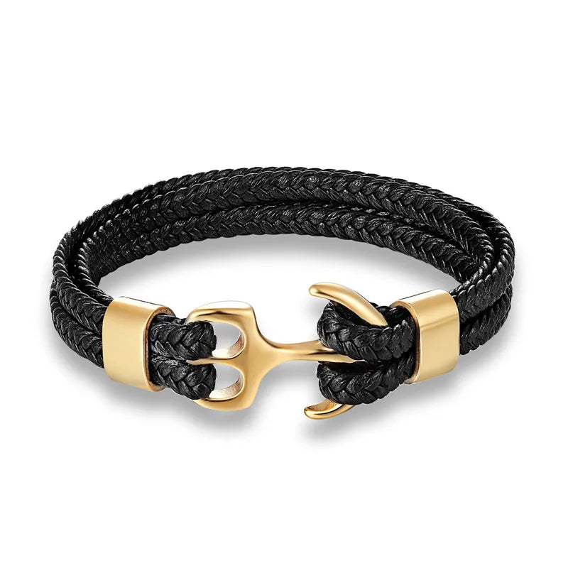 Nautical Anchor Leather Bracelet | Stylish Men's Jewellery-Black-GOLD-19CM-State of Style