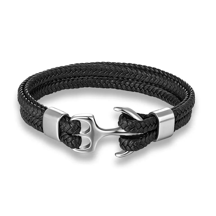 Nautical Anchor Leather Bracelet | Stylish Men's Jewellery-Black-SILVER-19CM-State of Style