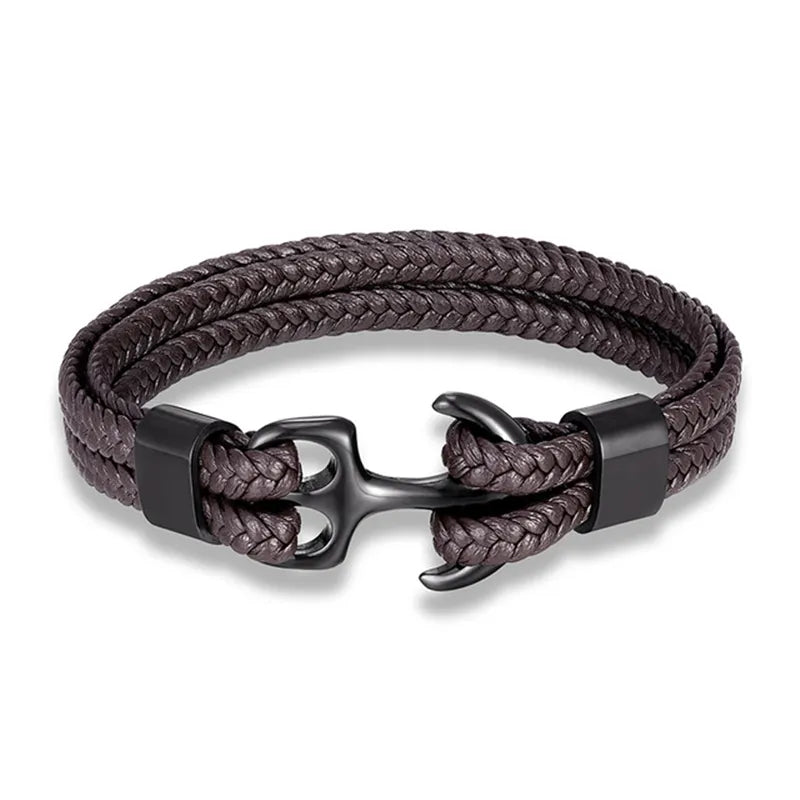 Nautical Anchor Leather Bracelet | Stylish Men's Jewellery-Coffee-BLACK-19CM-State of Style