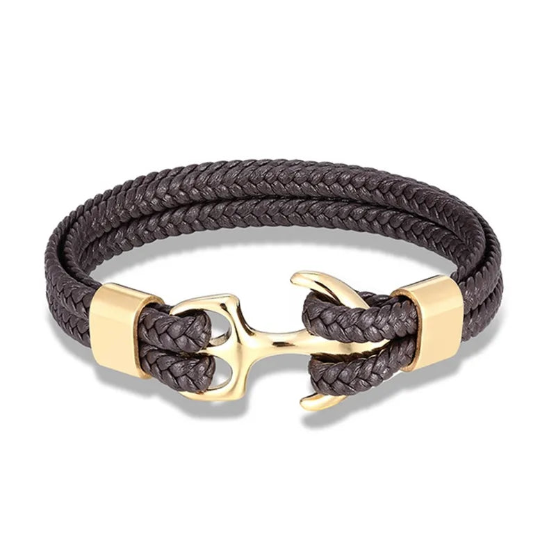 Nautical Anchor Leather Bracelet | Stylish Men's Jewellery-Coffee-GOLD-19CM-State of Style