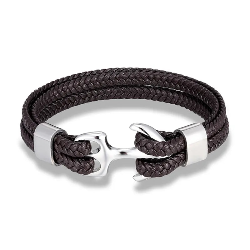 Nautical Anchor Leather Bracelet | Stylish Men's Jewellery-Coffee-SILVER-19CM-State of Style