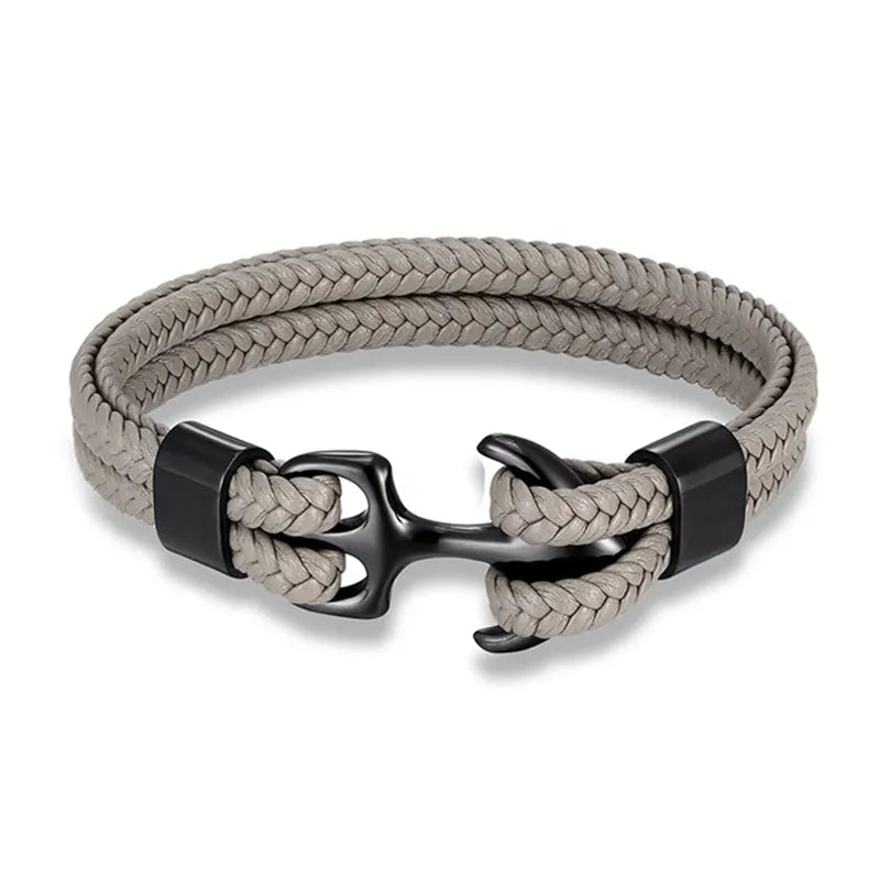Nautical Anchor Leather Bracelet | Stylish Men's Jewellery-Gray-BLACK-19CM-State of Style