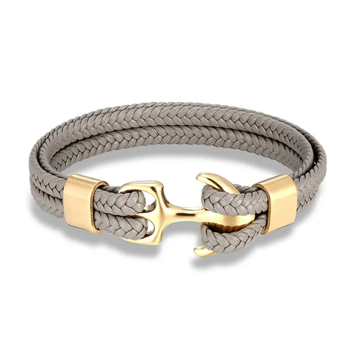 Nautical Anchor Leather Bracelet | Stylish Men's Jewellery-Gray-GOLD-19CM-State of Style