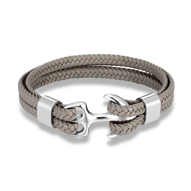 Nautical Anchor Leather Bracelet | Stylish Men's Jewellery-Gray-SILVER-19CM-State of Style