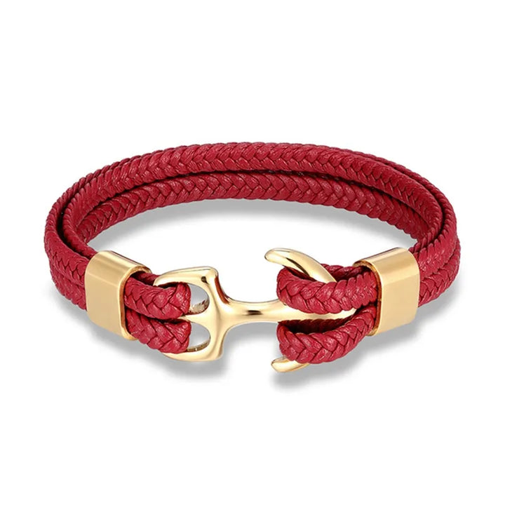 Nautical Anchor Leather Bracelet | Stylish Men's Jewellery-Red-GOLD-19CM-State of Style