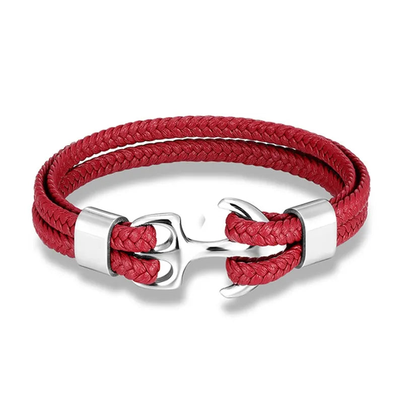 Nautical Anchor Leather Bracelet | Stylish Men's Jewellery-Red-SILVER-19CM-State of Style