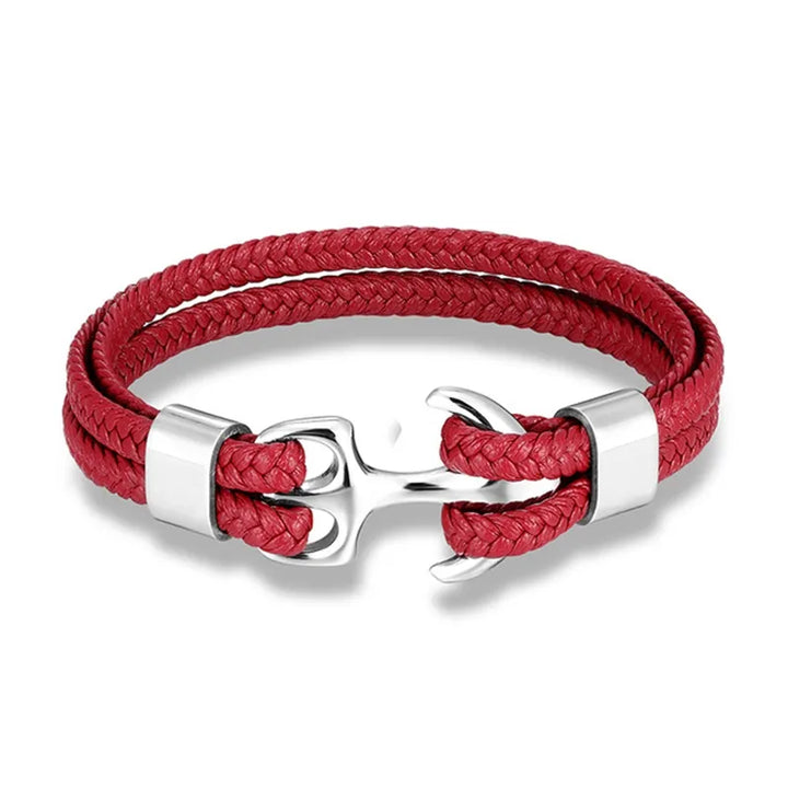 Nautical Anchor Leather Bracelet | Stylish Men's Jewellery-Red-SILVER-19CM-State of Style