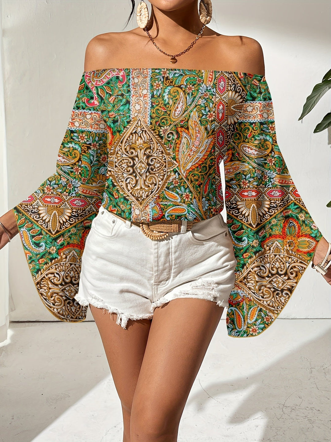 Off-Shoulder Blouse with Geometric Print – Noémie-Blue/Green-S-State of Style