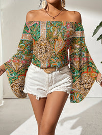 Off-Shoulder Blouse with Geometric Print – Noémie-Blue/Green-S-State of Style