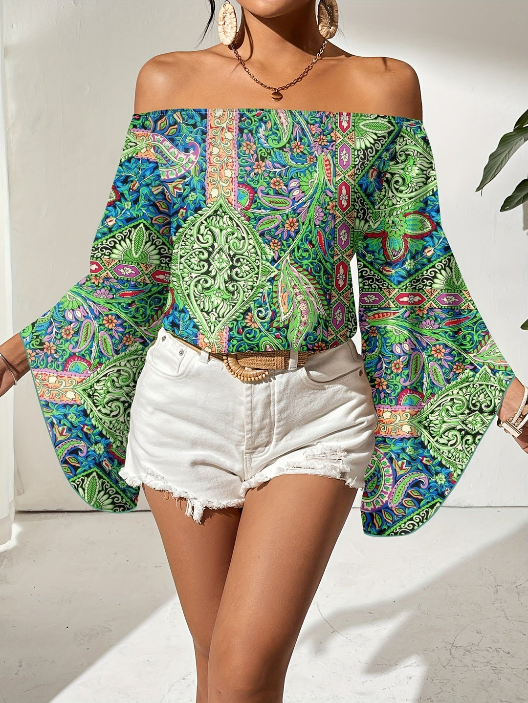 Off-Shoulder Blouse with Geometric Print – Noémie-Green-S-State of Style