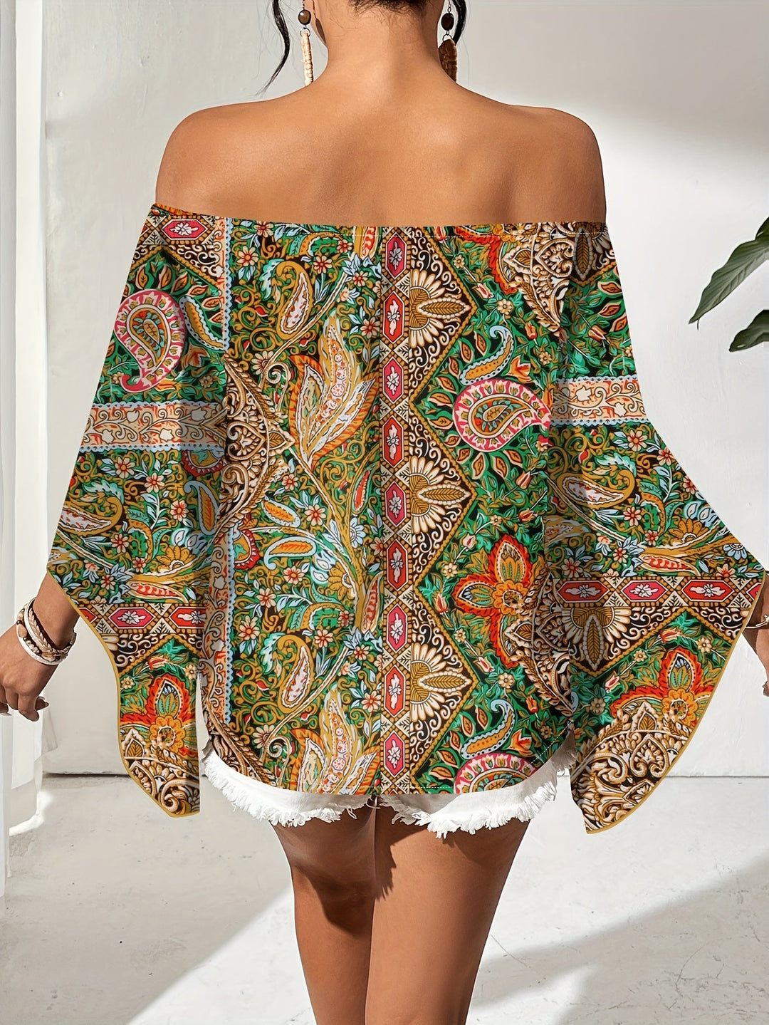 Off-Shoulder Blouse with Geometric Print – Noémie-Green-S-State of Style